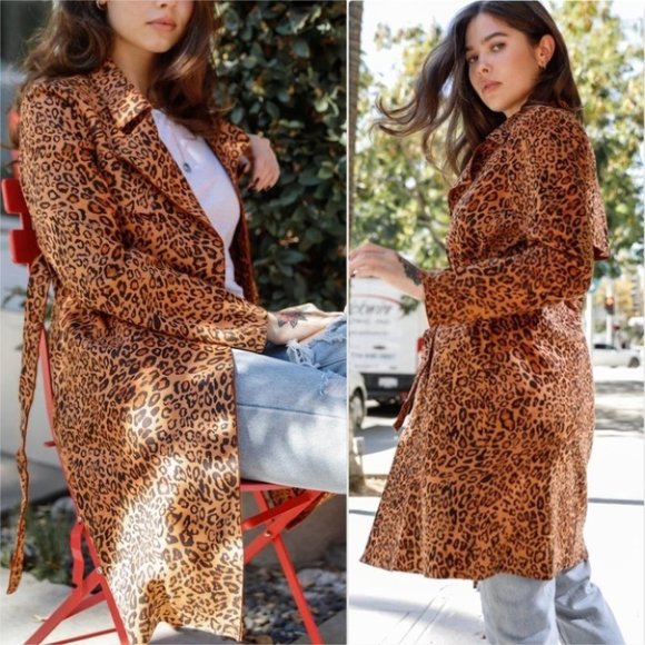 CLASSIC vegan suede Leopard Print Trench coat jack - Picture 6 of 7